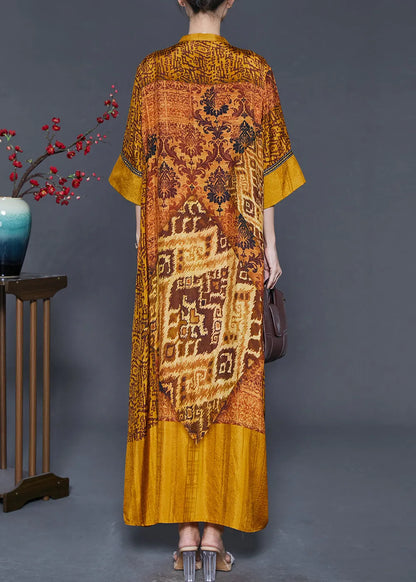 Golden Oversized Print Silk Vacation Dress Summer