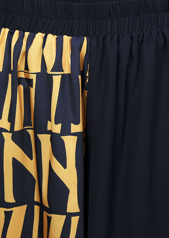 Italian Black Asymmetrical Print Chiffon Top and Wide Leg Pant Two Piece Suit Set Summer