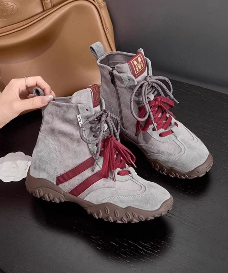 Lace Up Splicing Platform Ankle Boots Grey Suede