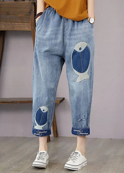 French Denim Blue Elastic Waist Fish Embroideried Pockets Cotton Harem Pants Summer