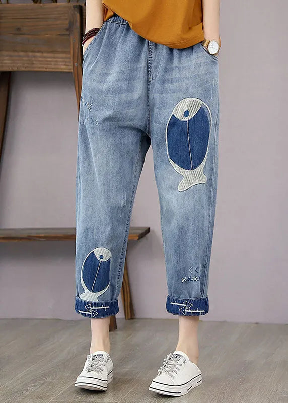 French Denim Blue Elastic Waist Fish Embroideried Pockets Cotton Harem Pants Summer