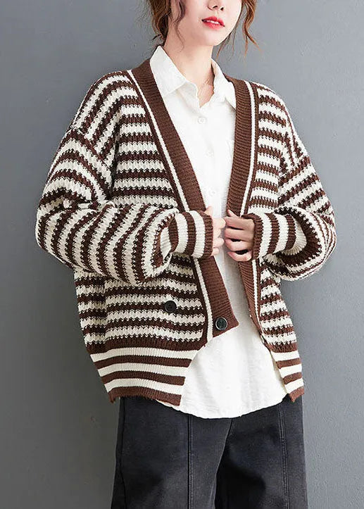 Chocolate V Neck Striped Cozy Knit Coat Outwear Spring