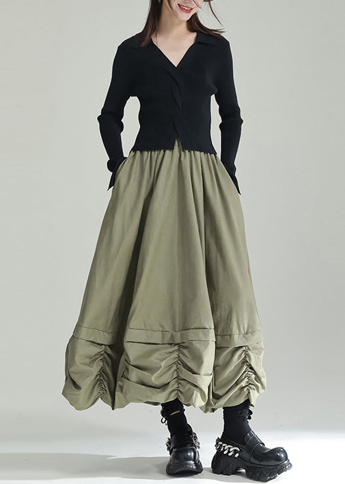 Green Wrinkled Pockets Patchwork Cotton Skirts Fall