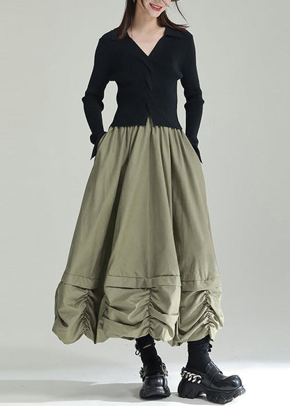 Green Wrinkled Pockets Patchwork Cotton Skirts Fall