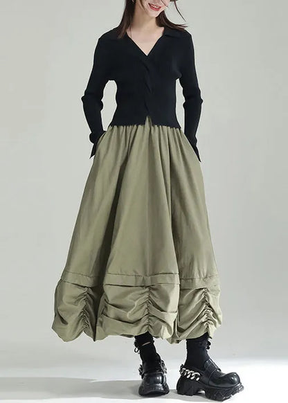 Green Wrinkled Pockets Patchwork Cotton Skirts Fall