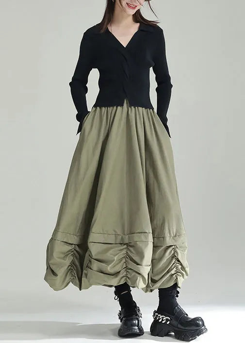 Green Wrinkled Pockets Patchwork Cotton Skirts Fall