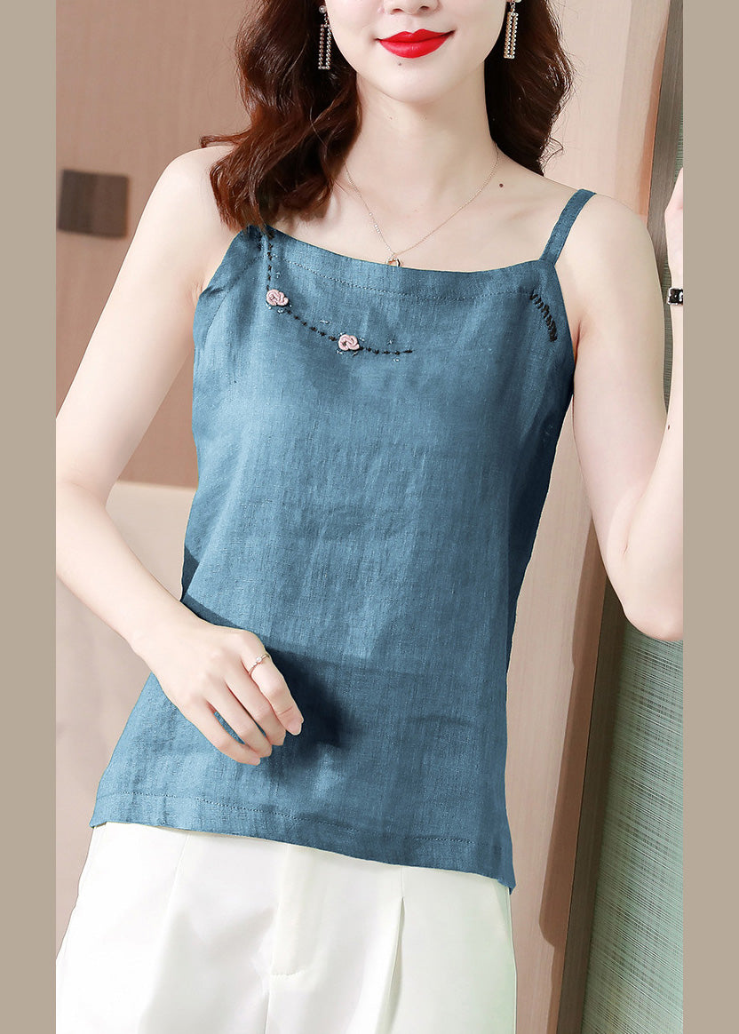 Blue Embroideried Tank Tops Summer