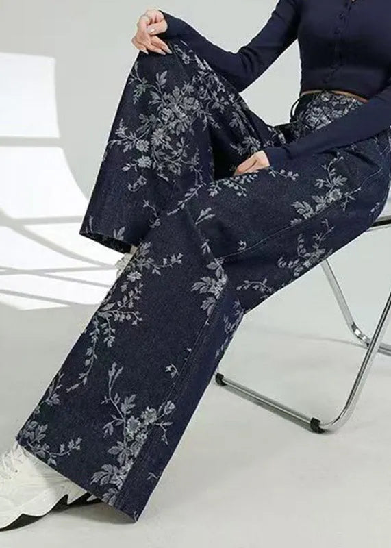 Jacquard Dark Blue Pockets Print Wide Leg Jeans