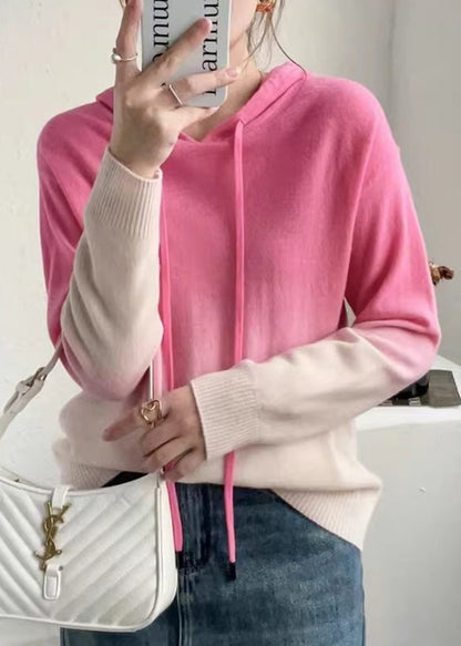 New Coffee Gradient Color Hooded Patchwork Wool Knit Sweaters Fall