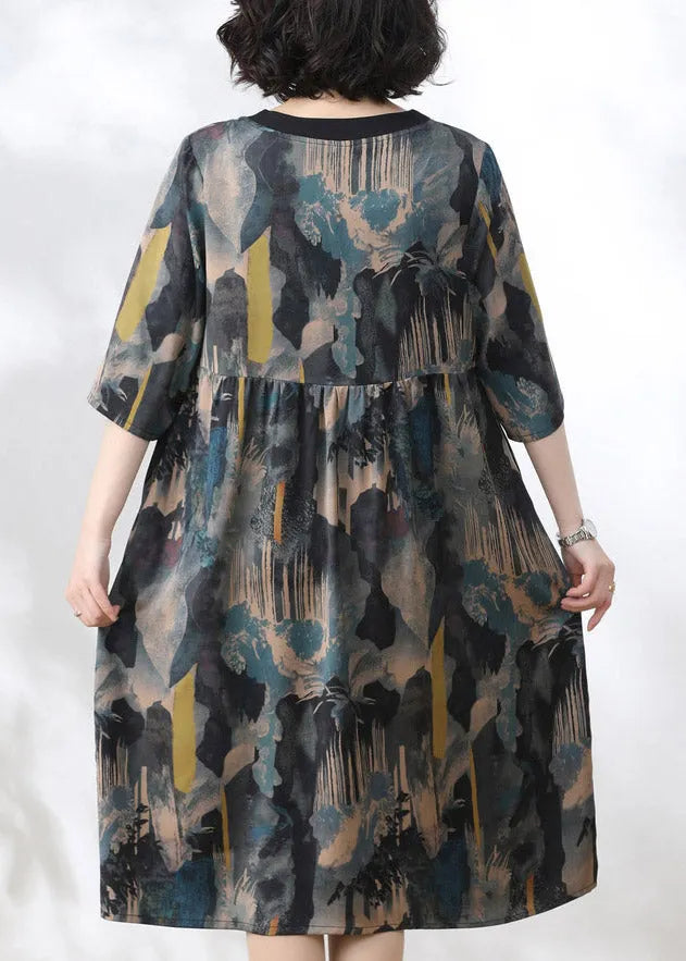 Blue V Neck Print Wrinkled Dress Half Sleeve