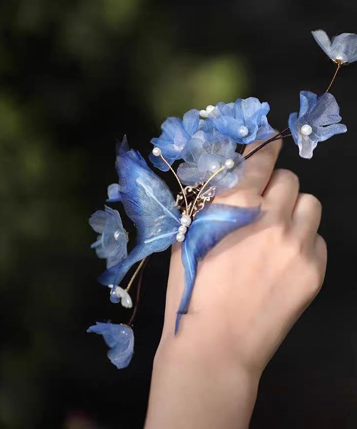 Blue Alloy Pearl Butterfly Tassel Hairpin