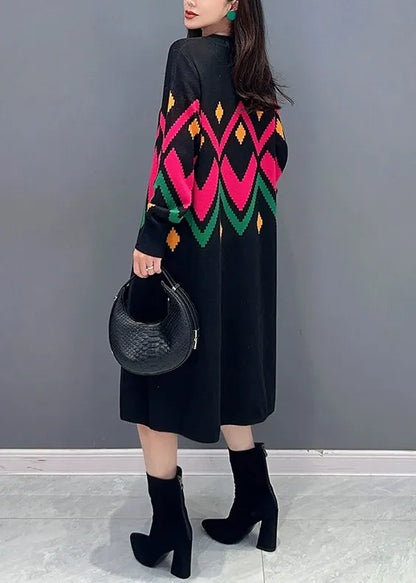 Loose Black O-neck Button Patchwork Knit Dress Fall