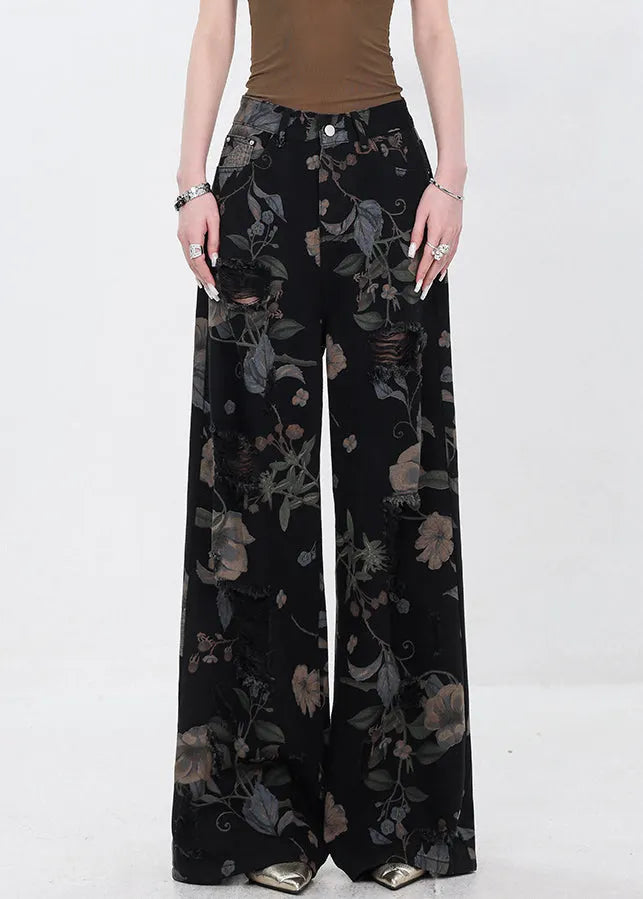 French Black Hole Print High Waist Denim Wide Leg Pants Summer