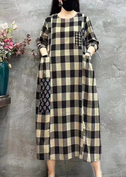Light Plaid O-neck Pockets Print Patchwork Maxi Dress Long Sleeve