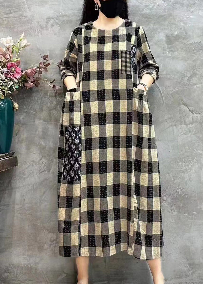 Light Plaid O-neck Pockets Print Patchwork Maxi Dress Long Sleeve