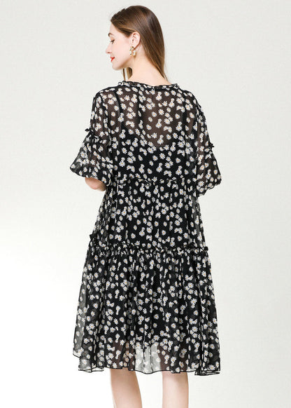 Black Ruffled Print Chiffon Beach Dresses Bracelet Sleeve