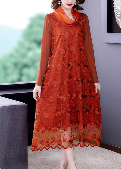 Stylish Orange Embroideried Tulle Long Dress Long Sleeve