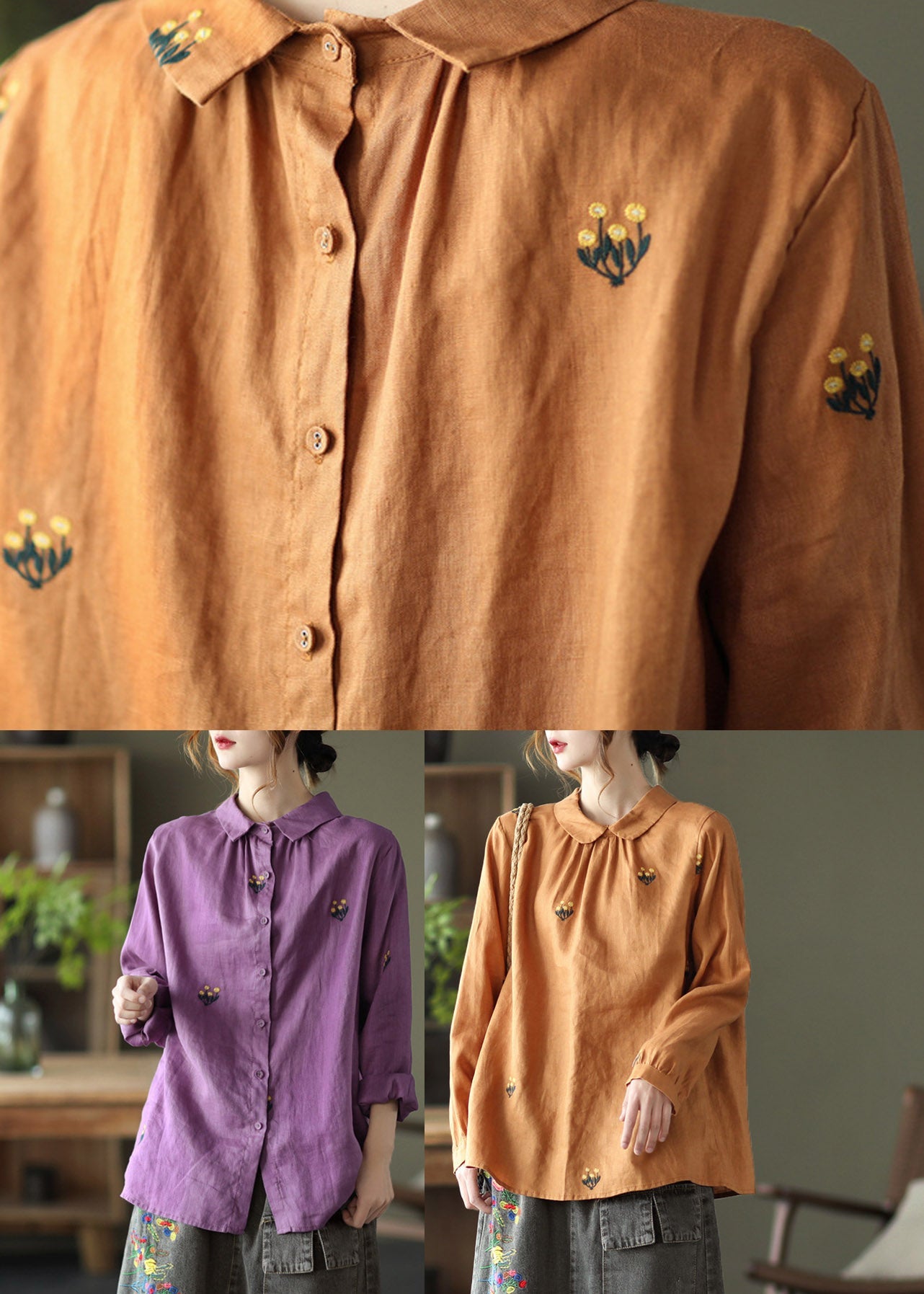 Orange Peter Pan Collar Embroideried Linen Shirt Long Sleeve