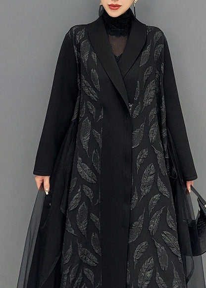 Black Notched Tulle Patchwork Maxi Cardigans Long Sleeve