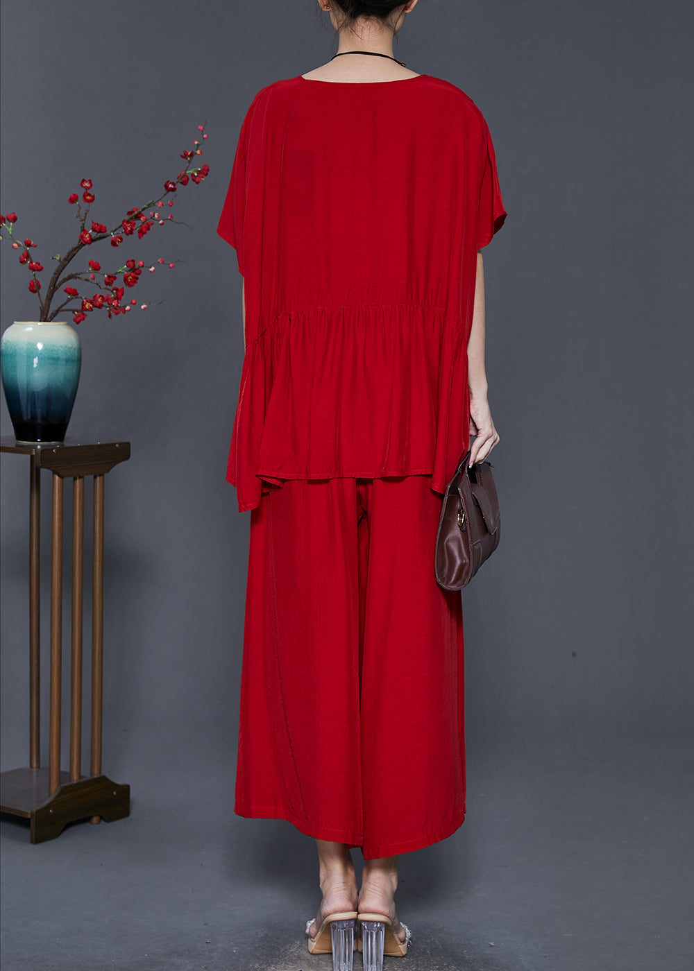 Modern Red Oversized Patchwork Cotton Sets 2 Pieces Summer