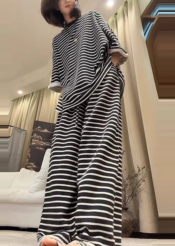 Black Oversized Striped Cotton Two Pieces Set Fall