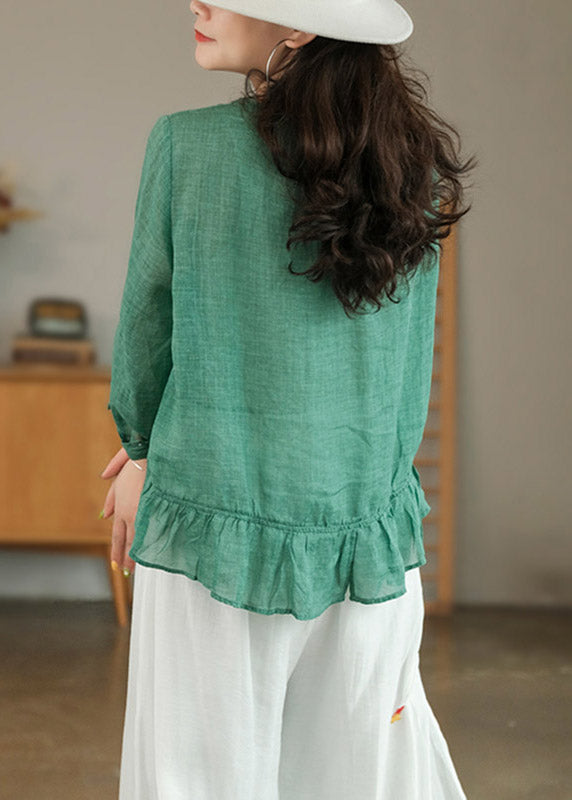 Green Patchwork Ruffles Linen Blouses Long Sleeve