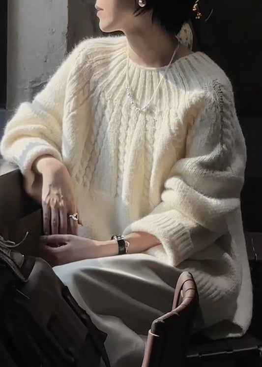 Beige O Neck Thick Cozy Cable Knit Sweater Winter