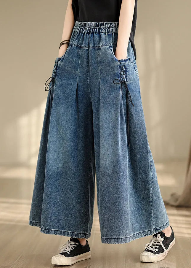 Denim Blue Cross Strap Wide Leg Pants Wrinkled Fall