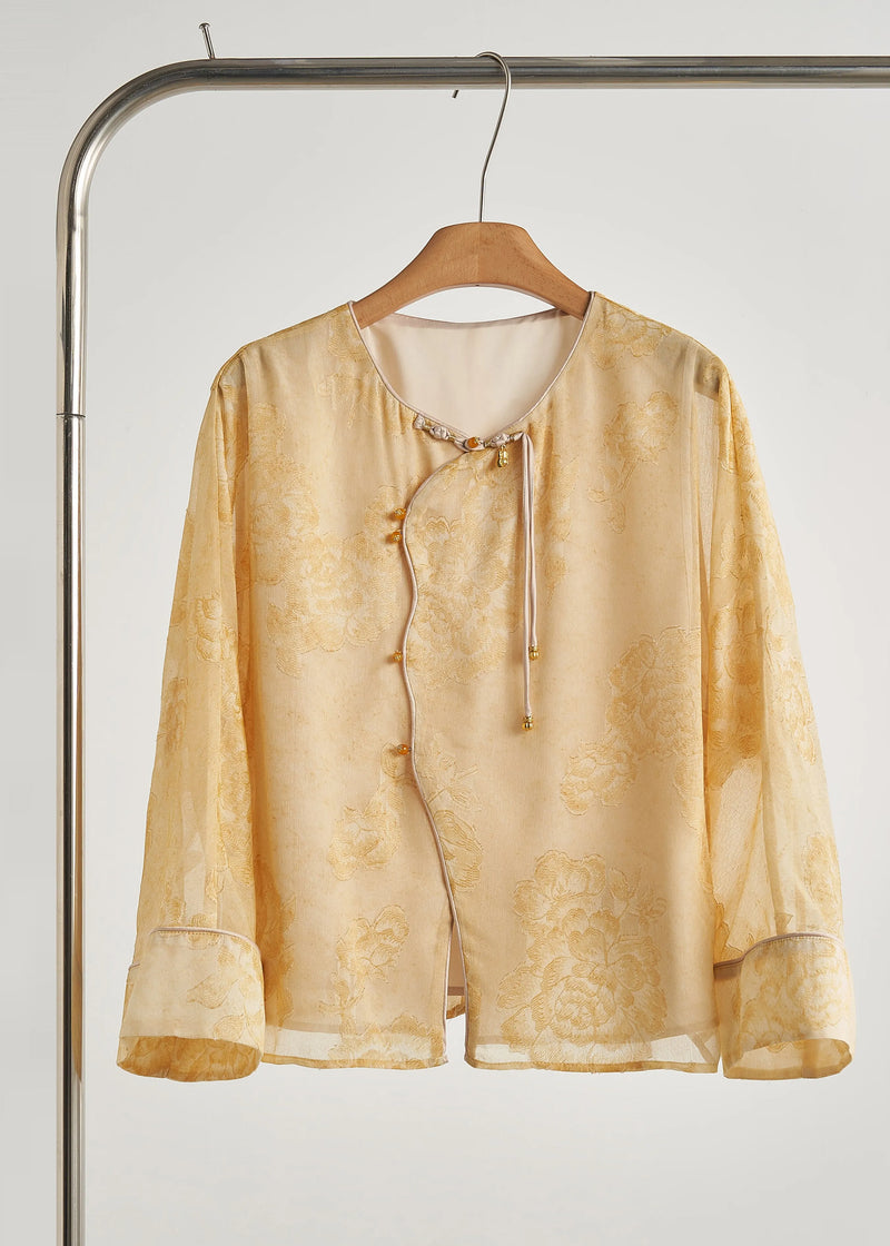 Yellow Tasseled Print Silk Coats Fall