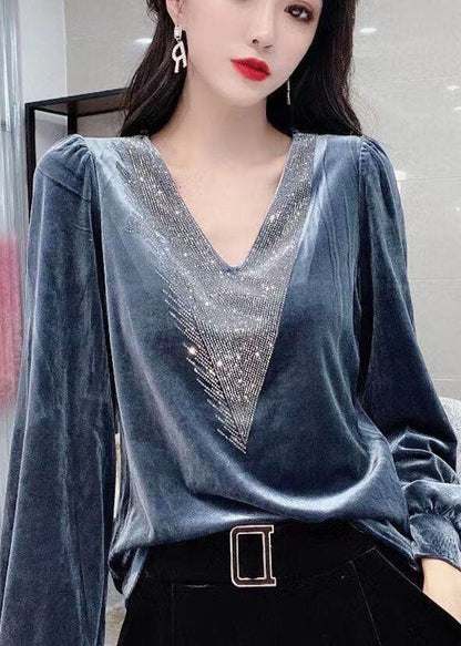 Black V Neck Sequins Silk Velour Top Long Sleeve