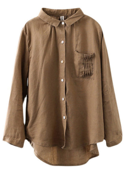 Pink Peter Pan Collar Patchwork Button Low High Design Linen Shirt Long Sleeve
