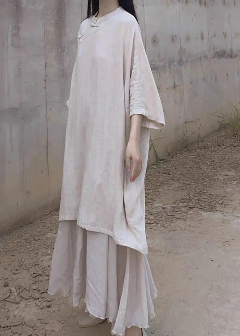 Beige Stand Collar Oriental Button Linen Long Dress Bracelet Sleeve