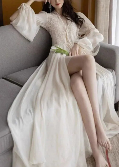 Beige Lace Lace Up Tulle Pajamas Two Pieces Set Fall