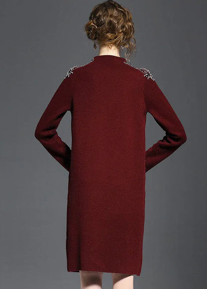 Mulberry Turtle Neck Side Open Knit Sweater Dress Long Sleeve