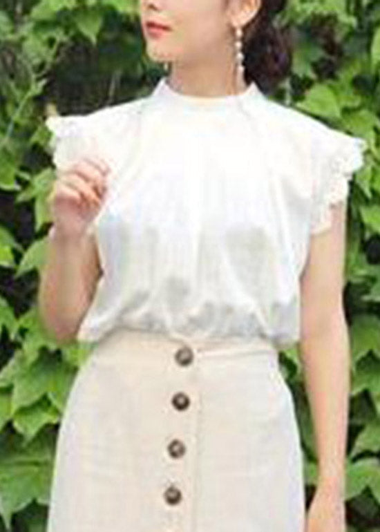 White Stand Collar Ruffled Lace Patchwork Cotton Skirt Summer