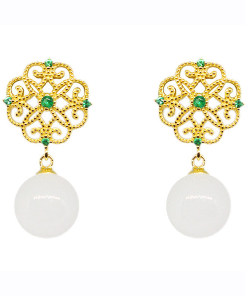 White Sterling Silver Overgild Jade Clover Hollow Out Drop Earrings
