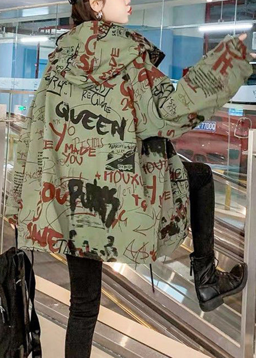 Green Hooded Letter Pockets Cotton Trench Coats Spring