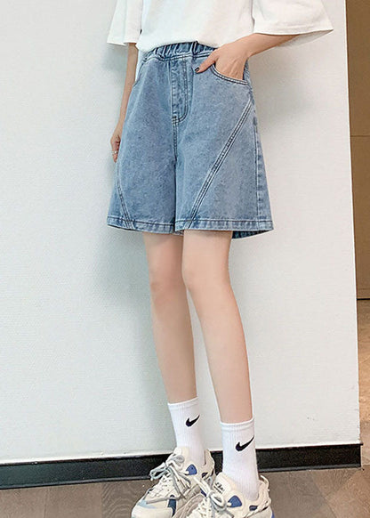 Light Blue Elastic Waist Patchwork Cotton Denim Short Pants Summer