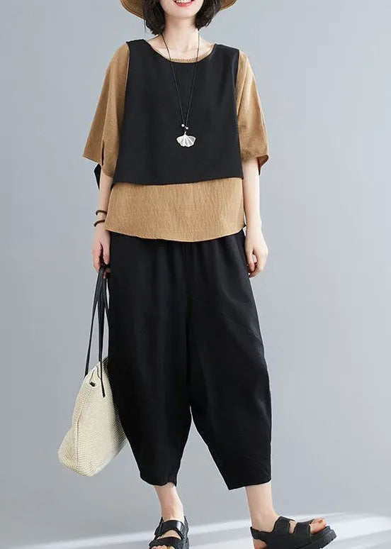 Unique Khaki O-neck Patchwork Cotton Tops and Pants Pieces Set Summer