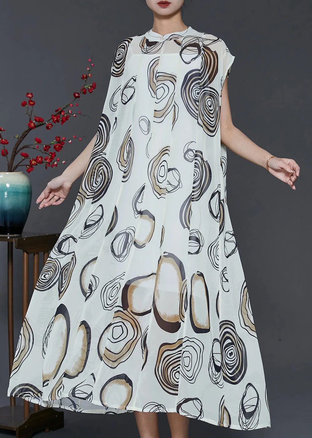 White Stand Collar Print Chiffon Holiday Dress Two Piece Set Summer