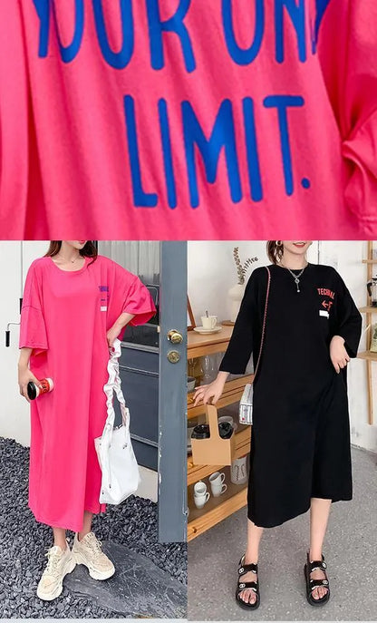 Black Graphic Cotton O Neck Summer Mid Dress