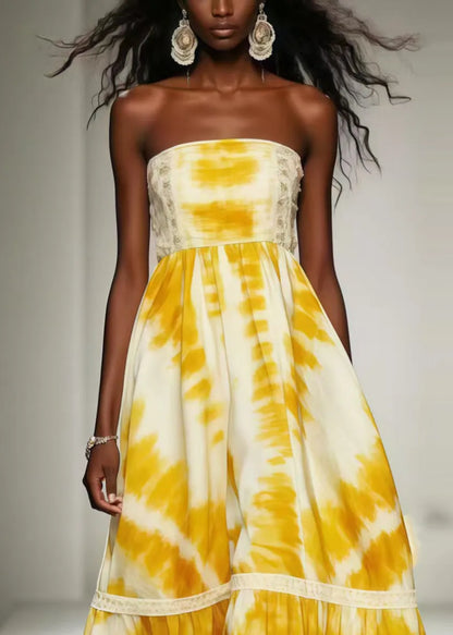 Yellow Tie Dye Exra Large Hem Chiffon Strapless Dress Summer