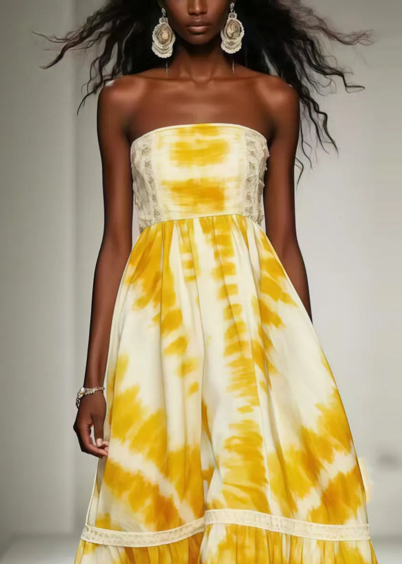 Yellow Tie Dye Exra Large Hem Chiffon Strapless Dress Summer