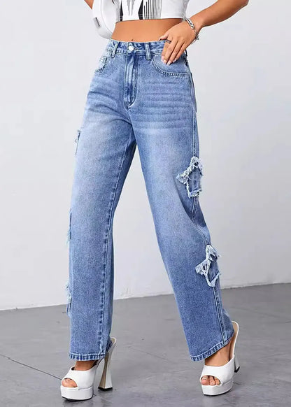 Loose Blue High Waist Patchwork Denim Pants Summer