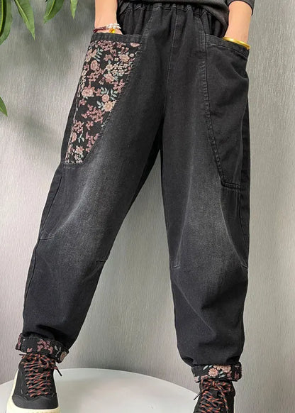 Black Embroideried Pockets Denim Pants Spring