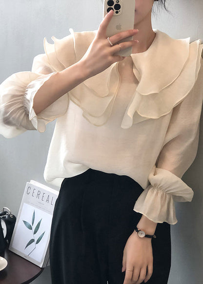 White Patchwork Thin Cotton Shirt Ruffled Long Sleeve