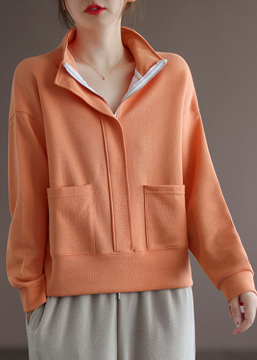 Modern Orange Stand Collar Pockets Zip Up Pullover Sweatshirt Long Sleeve