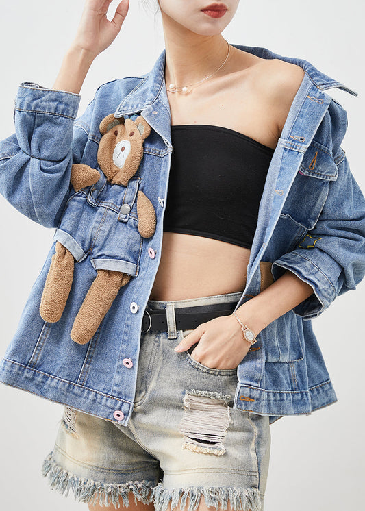Light Blue Bear Oversized Denim Coats Spring