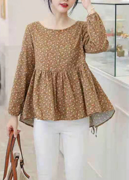 Retro Yellow Print Cotton Shirt Top Asymmetrical Long Sleeve