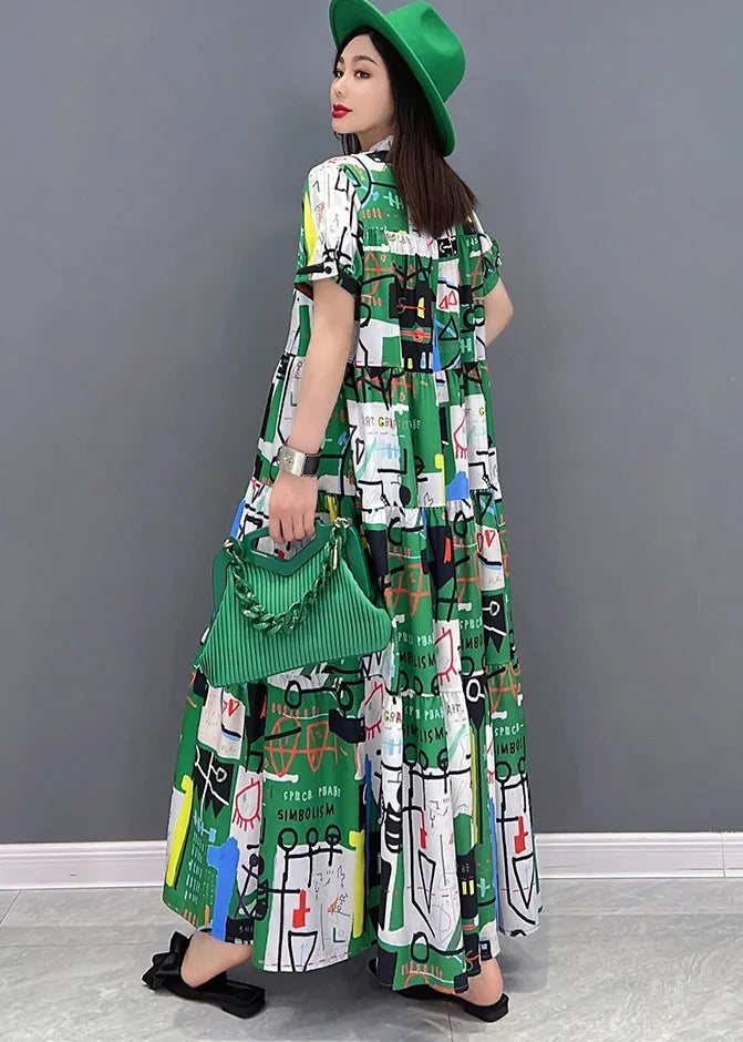 Green Stand Collar Patchwork Exra Large Hem Print Chiffon Maxi Dress Short Sleeve